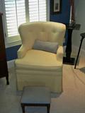 soft buttercream yellow upholstered side chair, footstool & plant stand