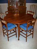 Cherry dining table 42 inch round with 2 leaves and 6 hitchcock style chairs with rushed seats