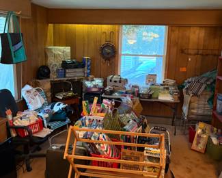 Sewing machine, sewing supplies, cleaning supplies, vintage and modern cookbooks, vintage cot, vintage trunk, storage