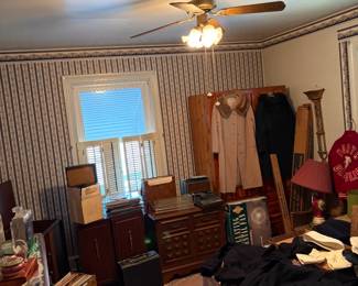 Vintage wool coats, bedroom furniture, lamps, cedar closet