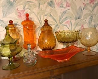 Green, orange, brown, red vintage glassware
