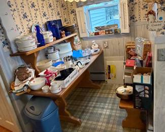 Kitchen table with benches, Corning Ware, Bowls, Kitchen