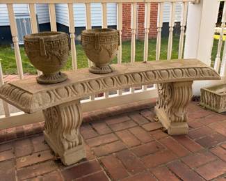 Stone garden bench and pots