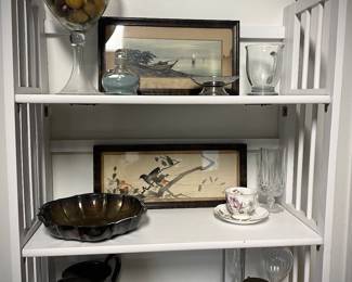 Vintage prints, frames, cup and saucer, sand timer