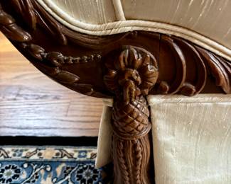 Hollywood regency sofa and vitrine table.  NOTE: This one blue carpet is NOT for sale all of the other carpets in the home are offered for sale.  