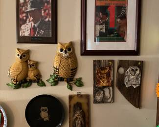 Owl decor and Alabama Crimson Tide memorabilia