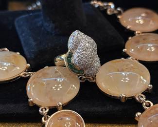 Emerald and pave diamond and yellow gold ring