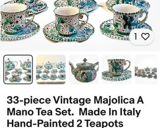 Full Hand Painted vintage Majolica Tea Set. Made in Italy. A Mano.
Was $395 - reduced to $300.
Each piece is signed on the bottom with a number & “made in Italy”.
33 pieces:
12 espresso cups (or small tea cups)
12 saucers (for espresso cups)
2 large teapots
1 pitcher
1 serving dish
3 wide tea cups
2 coffee cups
COLLECTION: The Orvieto (Rooster) design is a very old traditional pattern that originated during the Renaissance in the hill-top town of Orvieto Italy.