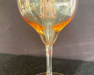 This is one of the glasses from the extremely rare J & L Lobmyer Mouth-blown crystal set. It shows up close the hand-enameling (monogram). Each monogram was hand-painted on with a double border in a subtle red & gold. Austrian Late 1800s.
Set has 56 pieces - gorgeous wine decanter, wine glasses, sherry glasses, water glasses, sherbert /berry desert bowls w saucers. $1500
See next photo for photo of full set.