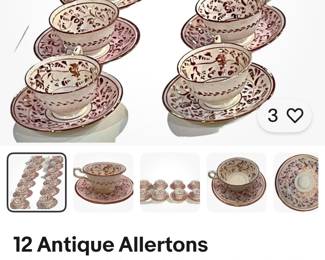 12 Antique Allertons Staffordshire Soft Paste teacups & saucers. Pink Lustre.