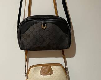 2 Authentic Vintage Gucci Purses. From 1980s (beige aprox 1982. Black aprox 1989)
Purchased from Gucci store in St Louis (Frontenac Plaza). Both long straps (“cross-body”) w classic GG monogram canvas & leather trim.
* 1 Black larger w inside zipped picket
$410
* 1 Smaller cream/tan $400