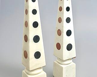2 Solid marble obelisks w inlaid circles of different color marbles.
“Arteriors Home” $480 for pair