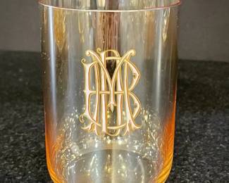 A close-up of one of the mouth-blown crystal glasses in the J & L Lobmyer Set. This is one if the water glasses.
Shows how the Lobmeyr’s “Patrician Gold Lustre” is so fine and luminescent that the pieces actually glow.