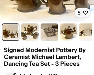 “Dancing Tea Set” sculpture / Tea Set by famous modernist ceramist Michael Lambert. All pieces signed.
This was a series he made - theTea Sets sell between $400-$1000.