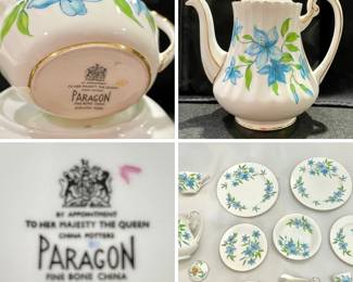 Paragon by Appointment to Her Magisty the Queen Tea Set.
Tea pot, creamer, bowl, small plates but only one tea cup.