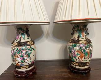 2 matching Lamps made from antique C1862 Chinese Crackleware Vases w exquisite Relief work. Silk shades. Bought for $1,680 in 1996 from the Washington Antique Center (have receipt)