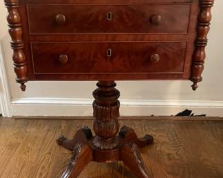 Antique C1825 Federal end table with 2 drawers, intricate detailing and carved feet. Purchased for $2,900 from Washington Antiques - have receipt.