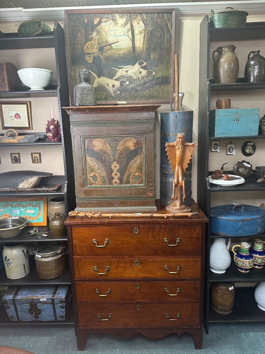 Southern Folk Art, 19th Century Chest, Ulysses Davis Carving, Southern Pottery.  