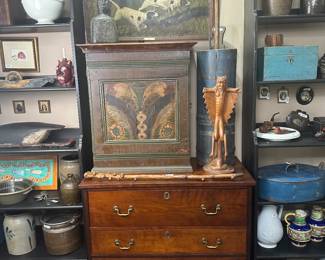 Southern Folk Art, 19th Century Chest, Ulysses Davis Carving, Southern Pottery.  