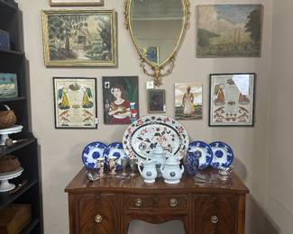 19th Century English Sideboard, Folk Art, Flow blue, George Washington Medallion Ironstone.  Ironstone cake stand. 