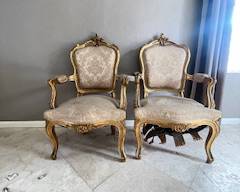 2 Louis XV style Salon Chairs, Gilt Wood, Silk Damask