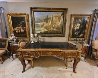 Louis XV style Gilt Bronze Writing Desk, Bureau Plat Leather Top