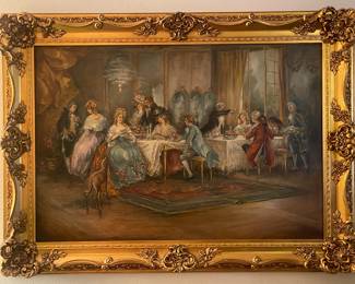 19th Century French Rococo Parlor Scene by A. Bange Carved Wood Rococo Frame