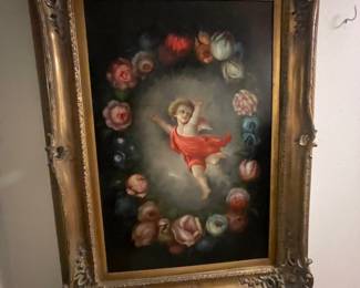 36" x 24" Renaissance Style Symbolic Oil Cherub