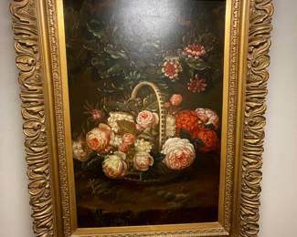 Dutch Style Vintage Oil Floral Basket 36" x 24" Exceptional Frame