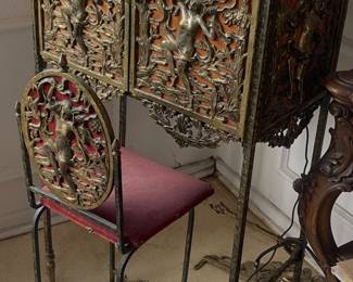 1920's Oscar Bach (style) Telephone Stand, Bronze & Onyx Art Deco Period, with Original Chair