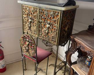1920's Oscar Bach (style) Telephone Stand, Bronze & Onyx Art Deco Period, with Original Chair