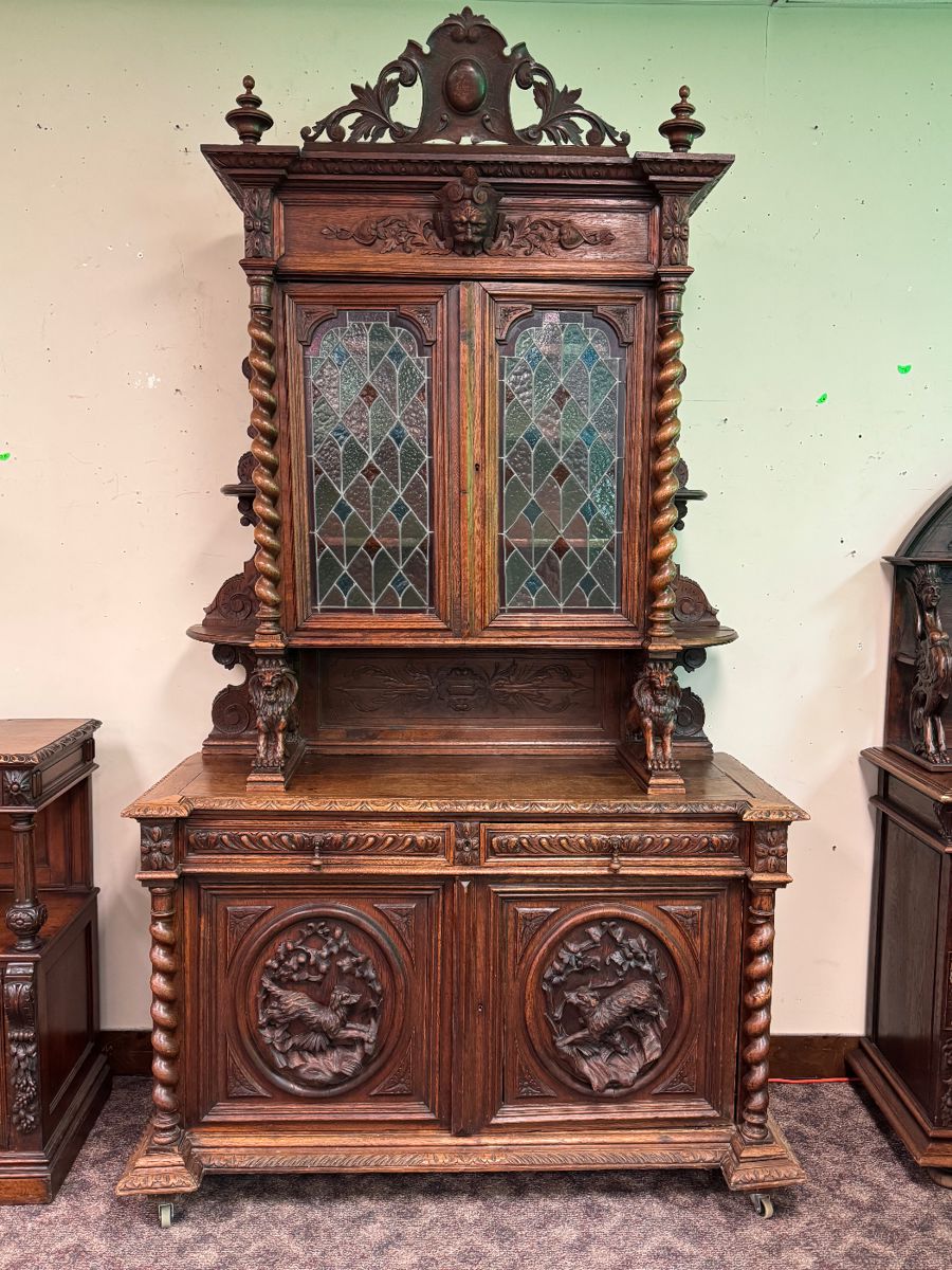 Heavily Carved 19th c. European Oak Huntsman Cabinet