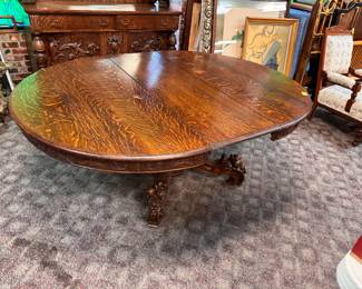 Large Oak Dining Table w/ ornately carved base