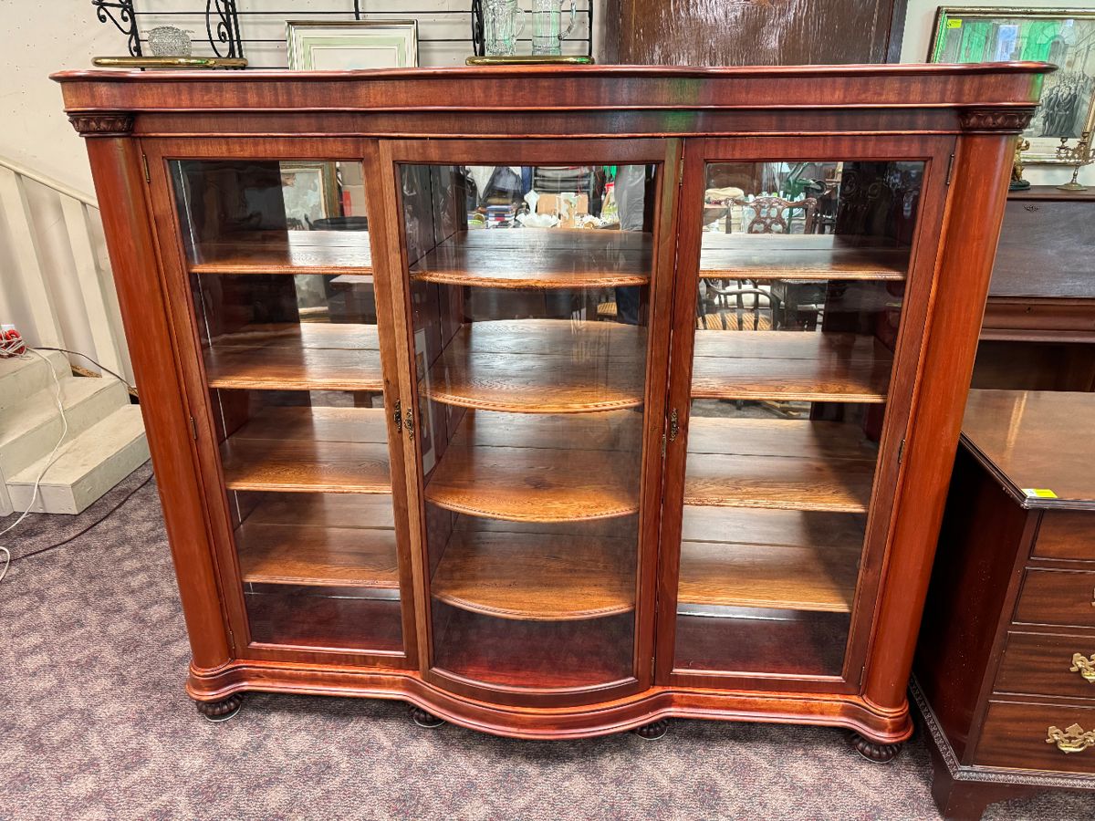 Beautiful Curved Glass Mahogany Triple Bookcase