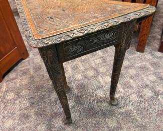 Unusual Carved Corner Table w/ Drop leaf