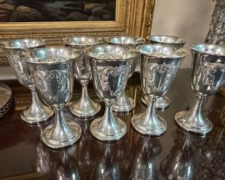 Set of 8 Hand Chased Sterling Silver Goblets