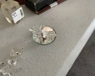 Rare collectible Swarovski crystal elephant with baby on glass tray. Markings present for Swarovski.