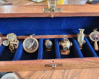Vintage Brass Miniature Nautical Maritime Desk Set in Wooden Box. 