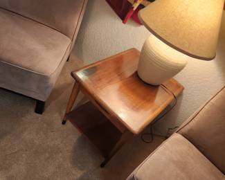 Three Neutral Tone Modern Side Chairs and the Lane MCM Side Table.  Table Lamp. Antique Handmade Quilt. 