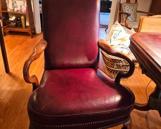 Vintage Queen Anne Style Leather w/Nailhead Trim Armchairs