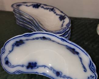W.H. Grindley Flow Blue bone dishes in the "Clover" pattern