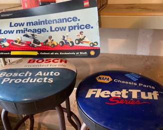 KVS033 - Two Vintage Bosch & Napa Shop Stools 