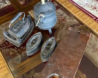 KVS025 - Vintage Cast Iron Sad Irons, Miniature Pot, Sleeve Ironing Board