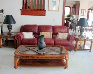1 0f 2 -Natuzzi Burgandy Leather Sofas, Broyhill Coffee table & Matching End Tables

