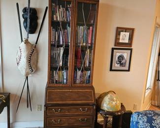 Authentic African Zulu shield with spears, Light Globe (works) Antique tall bookcase secretarydesk