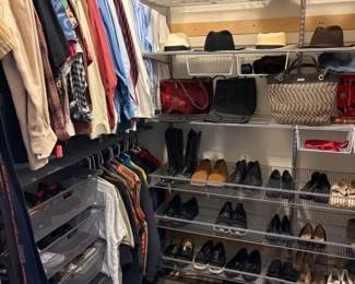 A closet loaded with great men's and women's clothing and accessories