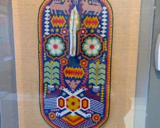 Vintage Huichol mask in Plexiglas case, case 19" x 12", mask 12" beads on wood plaque