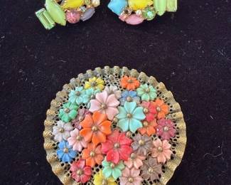 Miriam Haskell wired back flower brooch, ca 1940 and Juliana 'Fruit Salad' clip earrings (missing one pearl)