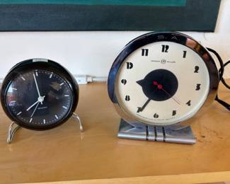 Rare Gilbert Rohde designed Herman Miller table clock, ca 1930, and Arne Jacobsen desk clocks