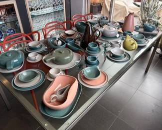Room and Board Portica glass top dining table, 78" x 42", and large collection of Russel Wright Mid Century dinnerware
